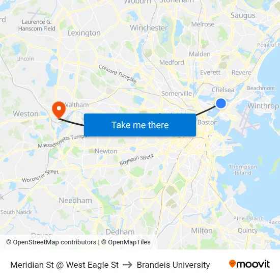 Meridian St @ West Eagle St to Brandeis University map