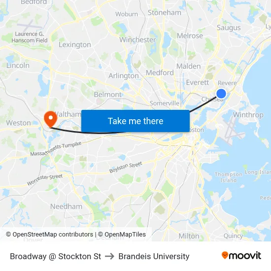 Broadway @ Stockton St to Brandeis University map