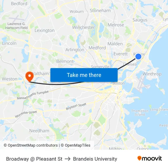 Broadway @ Pleasant St to Brandeis University map