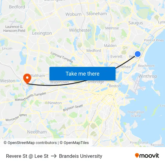 Revere St @ Lee St to Brandeis University map
