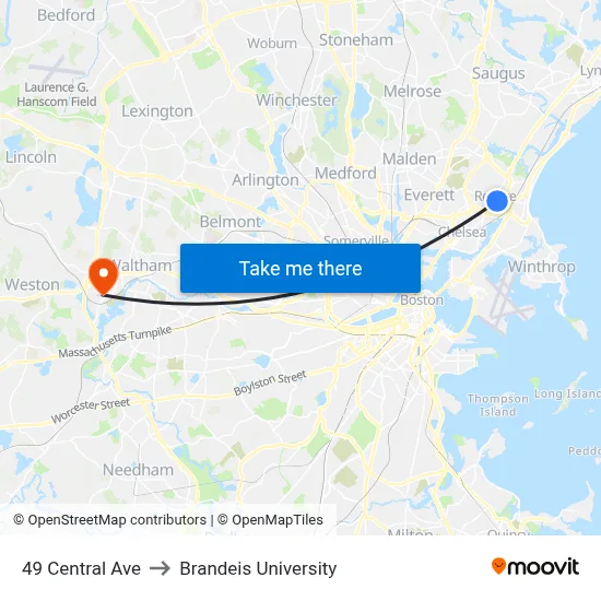49 Central Ave to Brandeis University map