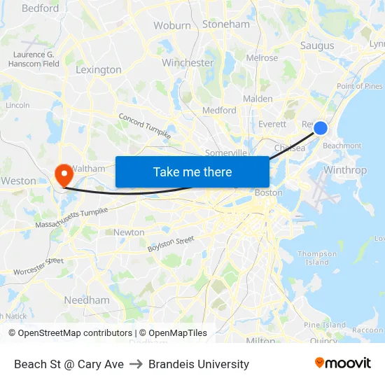 Beach St @ Cary Ave to Brandeis University map