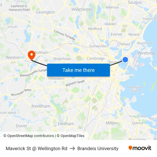 Maverick St @ Wellington Rd to Brandeis University map