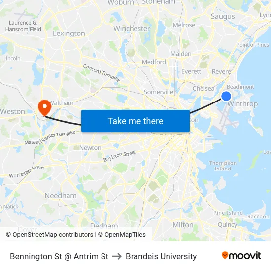 Bennington St @ Antrim St to Brandeis University map