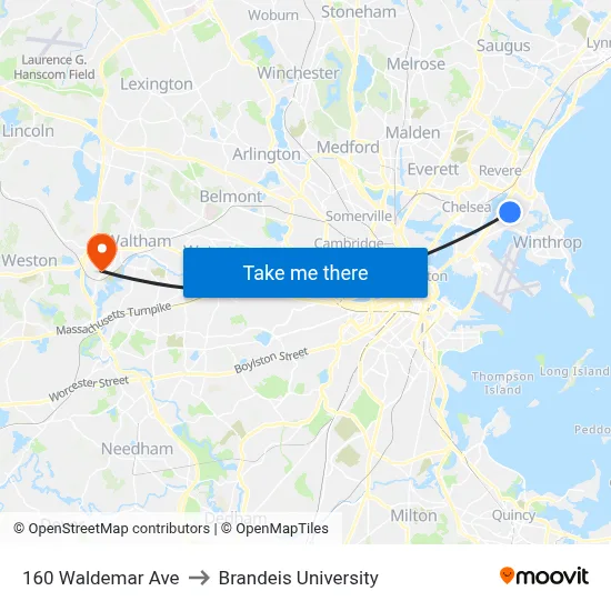 160 Waldemar Ave to Brandeis University map