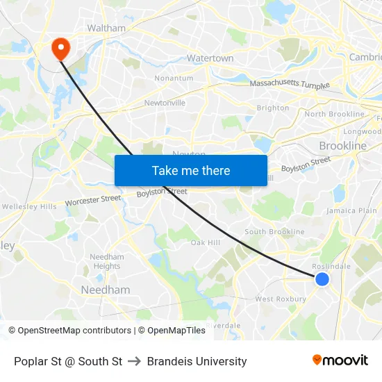 Poplar St @ South St to Brandeis University map