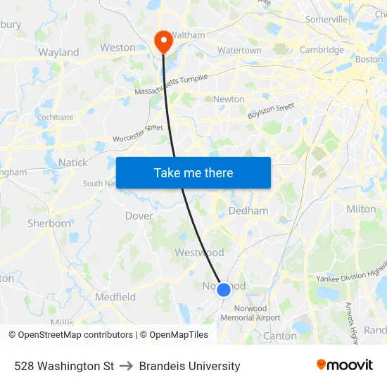528 Washington St to Brandeis University map