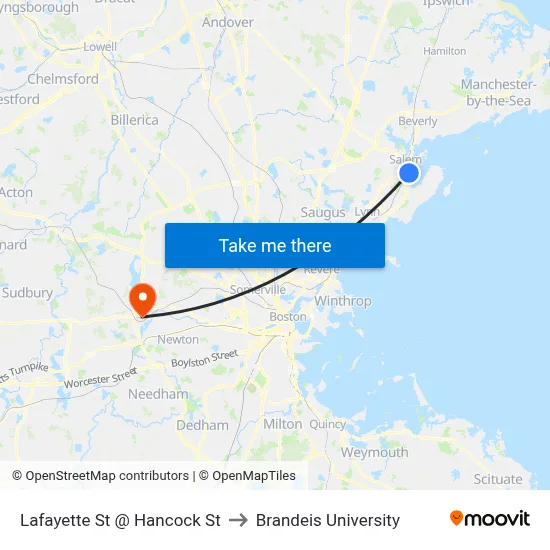 Lafayette St @ Hancock St to Brandeis University map