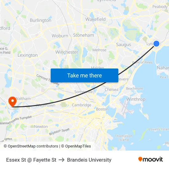 Essex St @ Fayette St to Brandeis University map