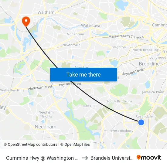 Cummins Hwy @ Washington St to Brandeis University map