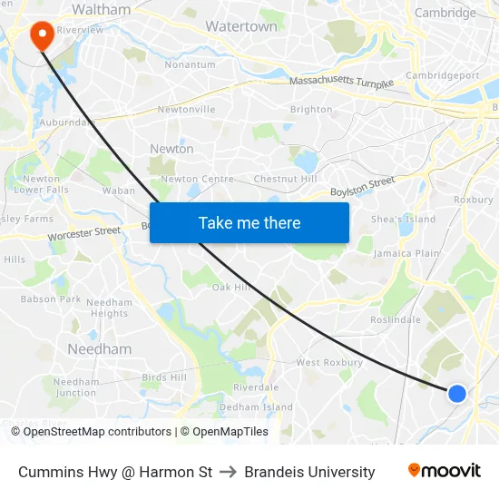 Cummins Hwy @ Harmon St to Brandeis University map