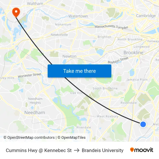 Cummins Hwy @ Kennebec St to Brandeis University map