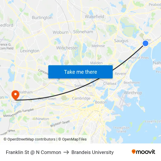 Franklin St @ N Common to Brandeis University map