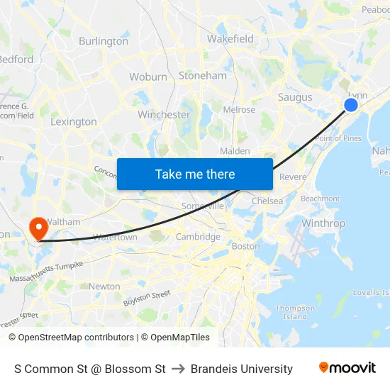 S Common St @ Blossom St to Brandeis University map