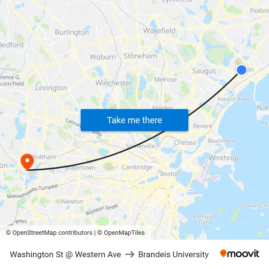 Washington St @ Western Ave to Brandeis University map