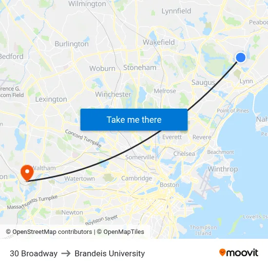 30 Broadway to Brandeis University map