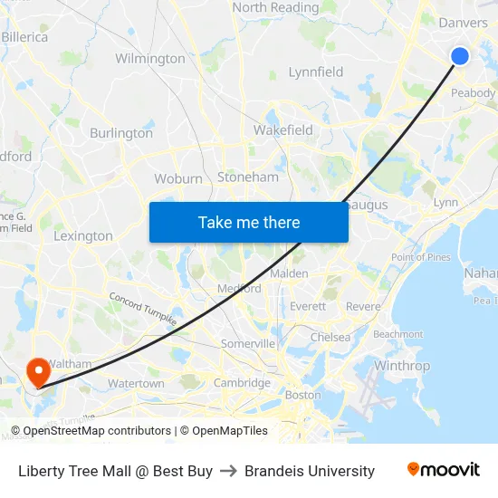 Liberty Tree Mall @ Best Buy to Brandeis University map