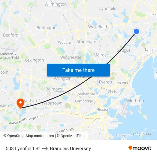 503 Lynnfield St to Brandeis University map