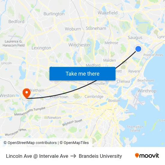Lincoln Ave @ Intervale Ave to Brandeis University map