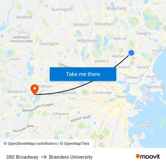 380 Broadway to Brandeis University map