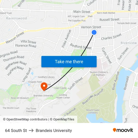 64 South St to Brandeis University map