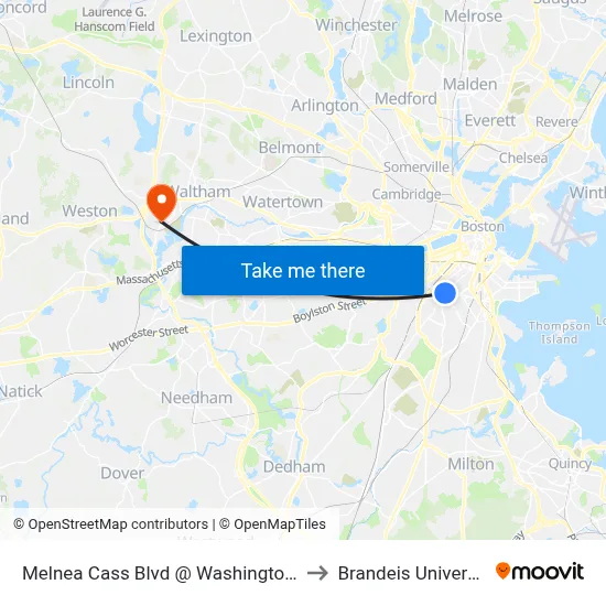 Melnea Cass Blvd @ Washington St to Brandeis University map