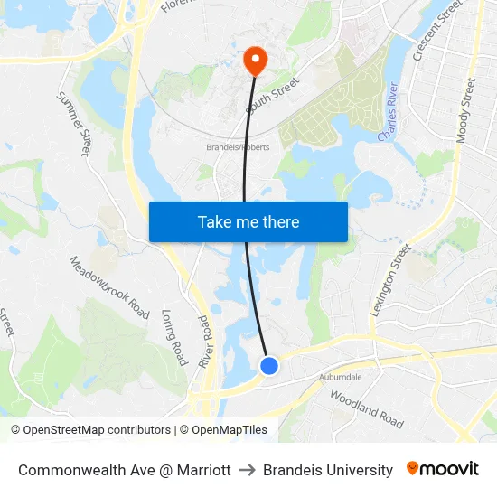 Commonwealth Ave @ Marriott to Brandeis University map