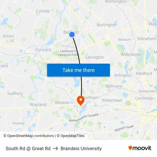South Rd @ Great Rd to Brandeis University map