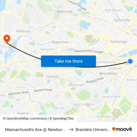 Massachusetts Ave @ Newbury St to Brandeis University map