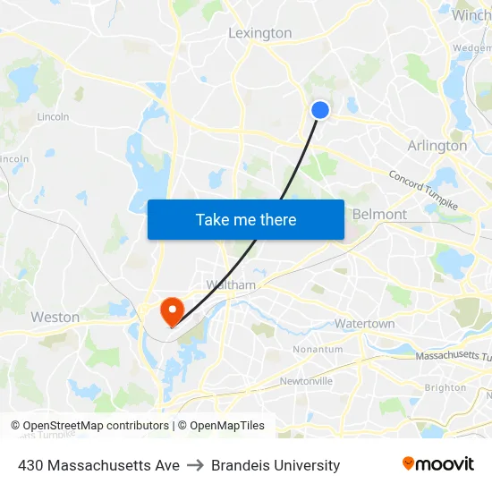 430 Massachusetts Ave to Brandeis University map
