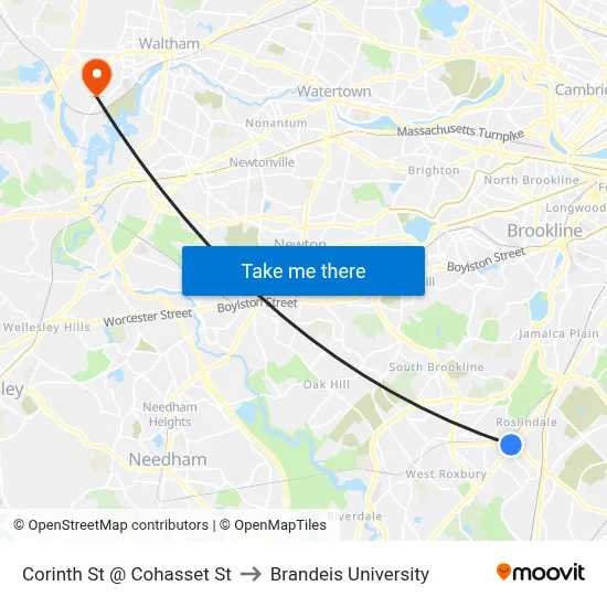 Corinth St @ Cohasset St to Brandeis University map