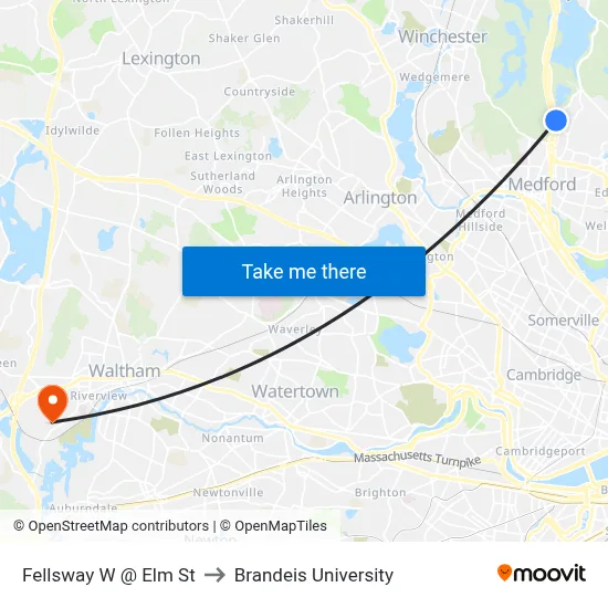 Fellsway W @ Elm St to Brandeis University map