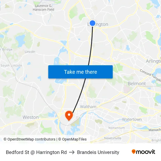 Bedford St @ Harrington Rd to Brandeis University map