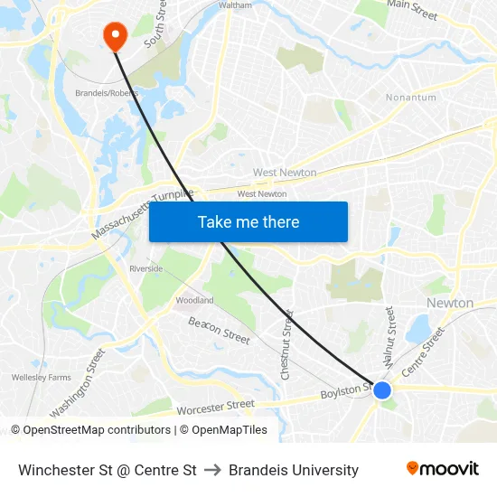 Winchester St @ Centre St to Brandeis University map