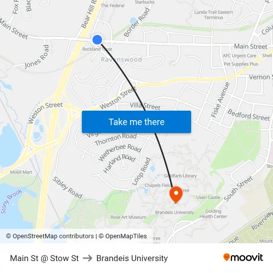 Main St @ Stow St to Brandeis University map