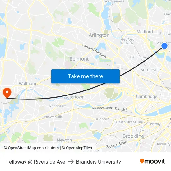 Fellsway @ Riverside Ave to Brandeis University map