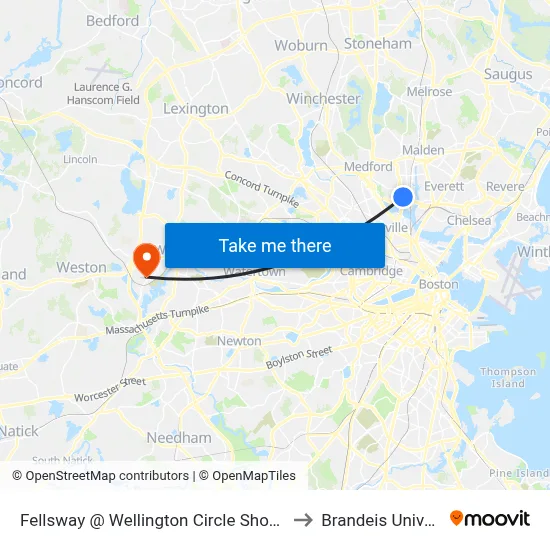 Fellsway @ Wellington Circle Shopping Ctr to Brandeis University map