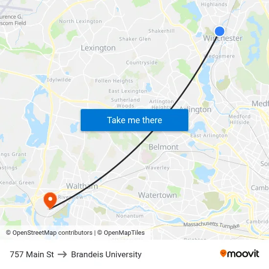757 Main St to Brandeis University map