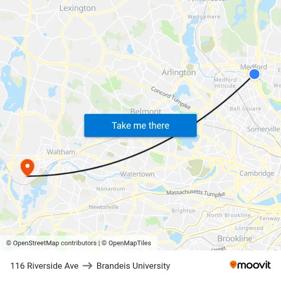116 Riverside Ave to Brandeis University map