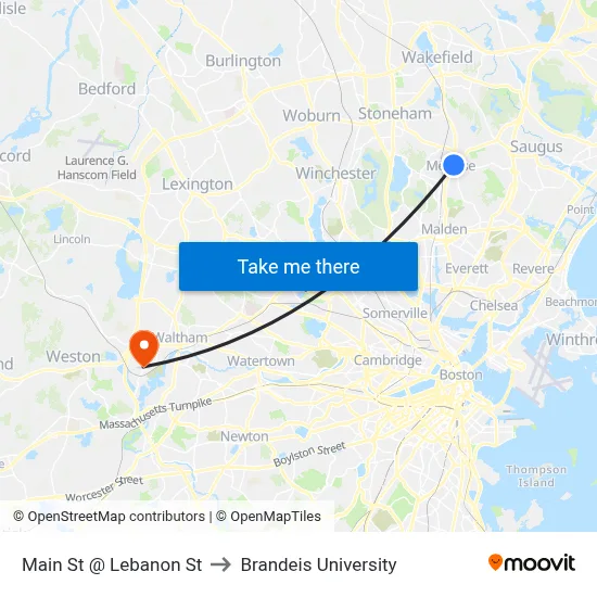 Main St @ Lebanon St to Brandeis University map