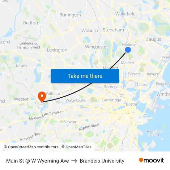 Main St @ W Wyoming Ave to Brandeis University map
