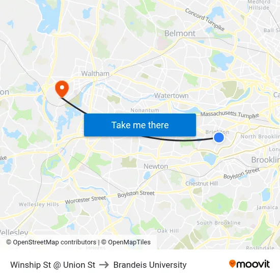 Winship St @ Union St to Brandeis University map