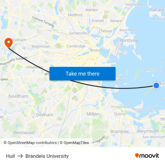 Hull to Brandeis University map