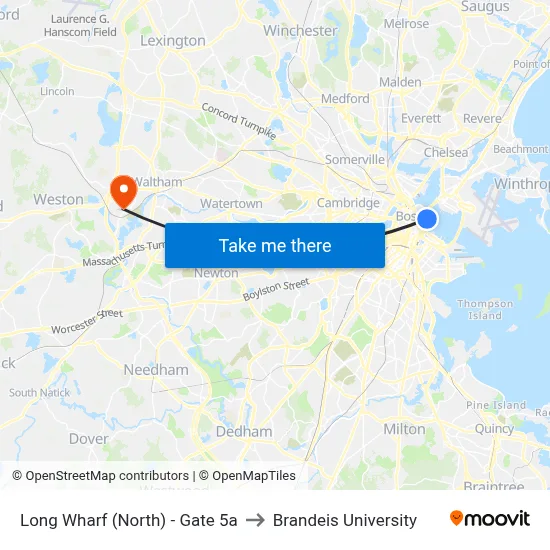 Long Wharf (North) - Gate 5a to Brandeis University map