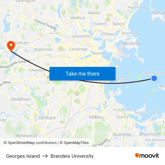 Georges Island to Brandeis University map