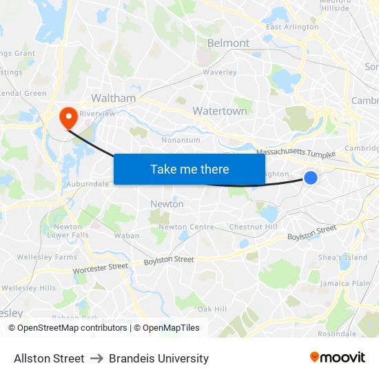 Allston Street to Brandeis University map