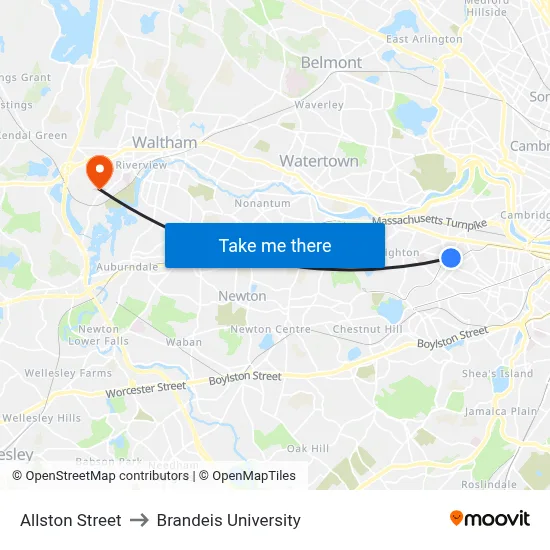 Allston Street to Brandeis University map