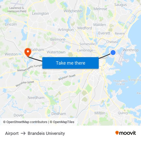 Airport to Brandeis University map