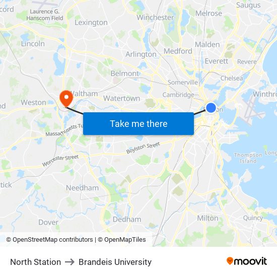 North Station to Brandeis University map