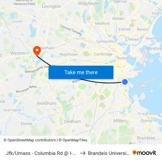 Jfk/Umass - Columbia Rd @ I-93 to Brandeis University map
